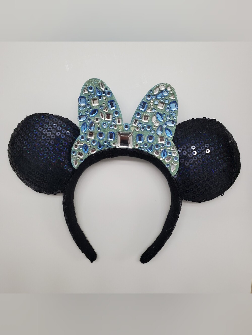 Disney Cinderella Black Sequin Mouse Ears Headband with Light Blue Gems Bow